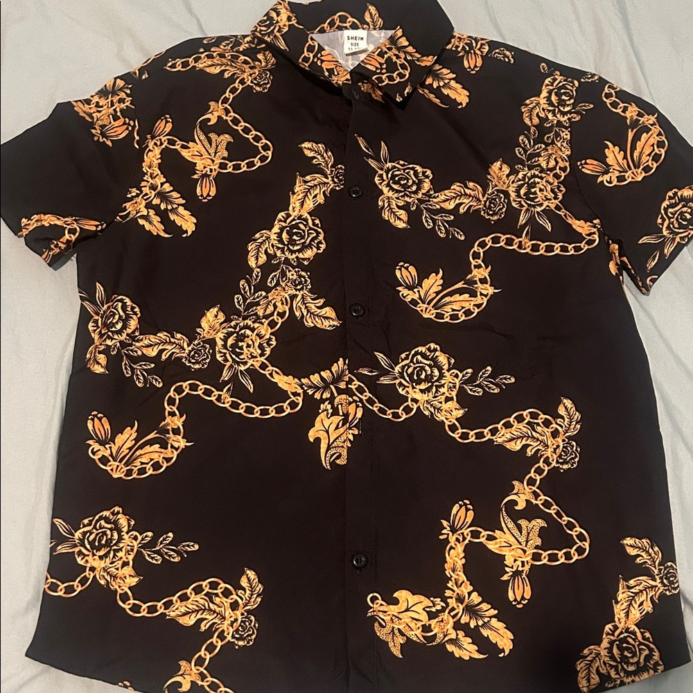 SHEIN Black Shirt with Gold Chain and Floral Design